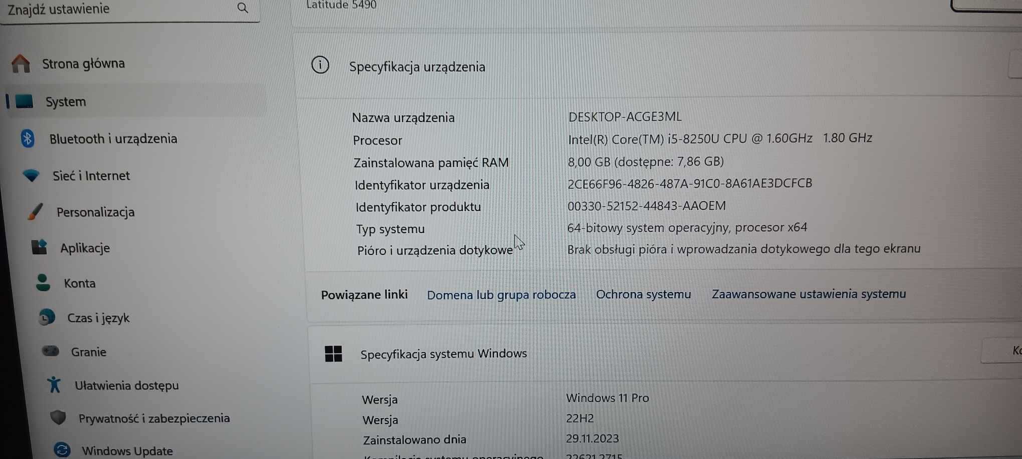 Klasa Biznes Dell 5490 I5 8250U/8gb/240SSD/14IPS/Windows 11