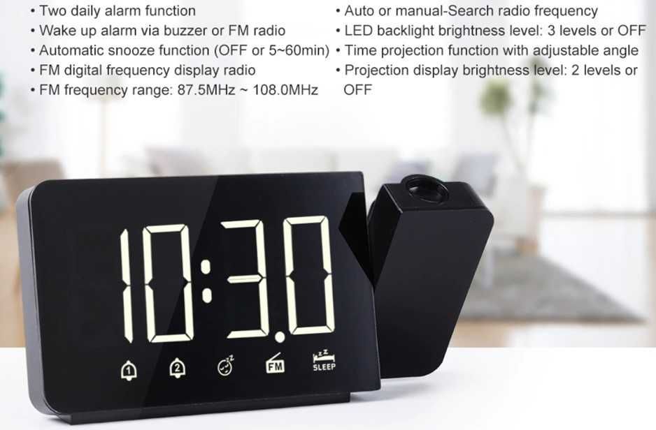 Budzik Zegar Radio Projektor na sufit 24/7 CZERWONE CYFRY