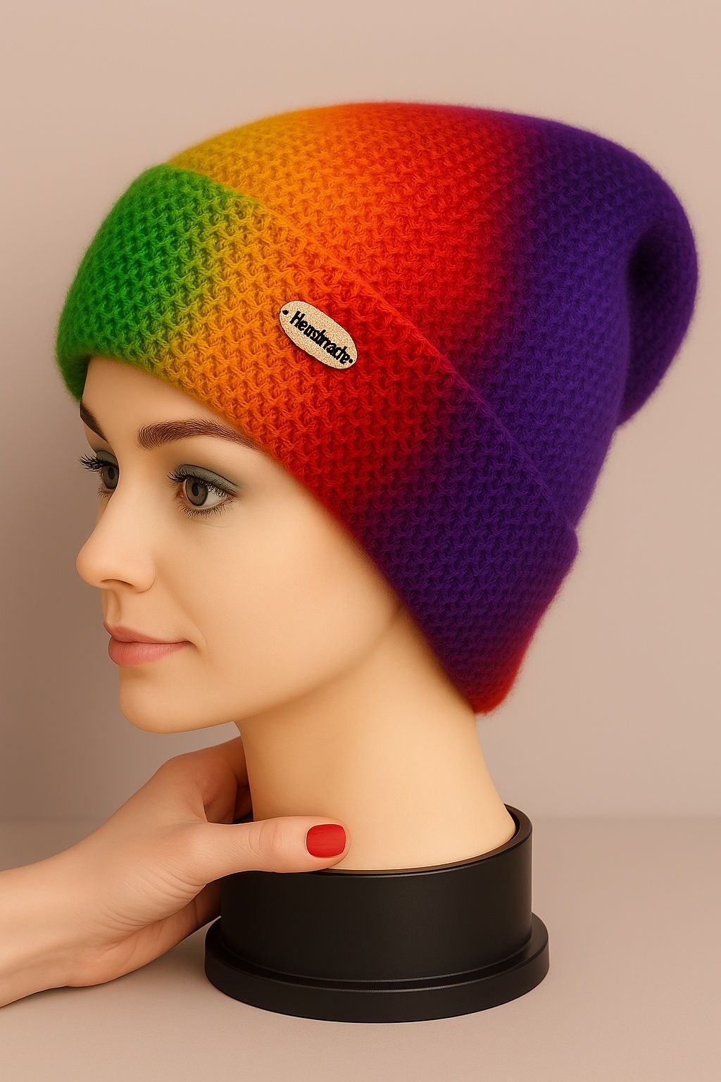 Tęczowa czapka handmade z wełny merino Made in Poland