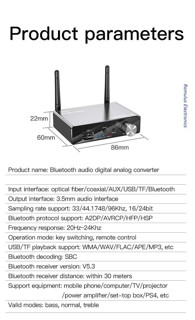 DAC Odbiornik Nadajnik Bluetooth 5.3 Coaxial Optyczny U-disk SD-card