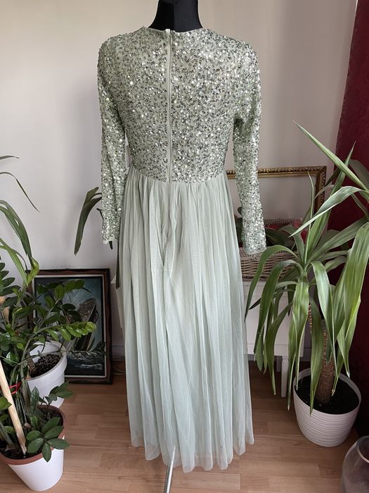 Maya deluxe cekinowa sukienka maxi tiulowa m 38 petite szałwiowa