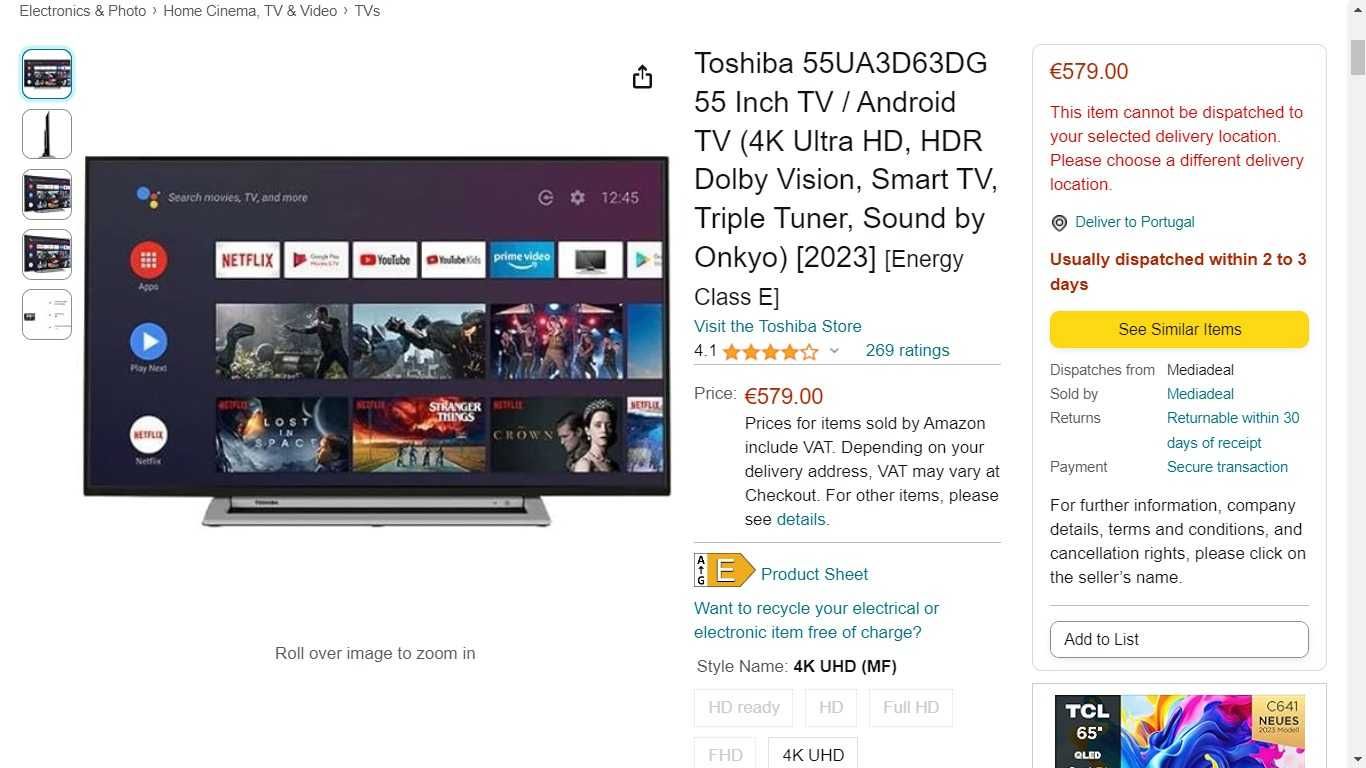 NEW Toshiba Smart TV 55UA3D63DG 55'' 4K UHD