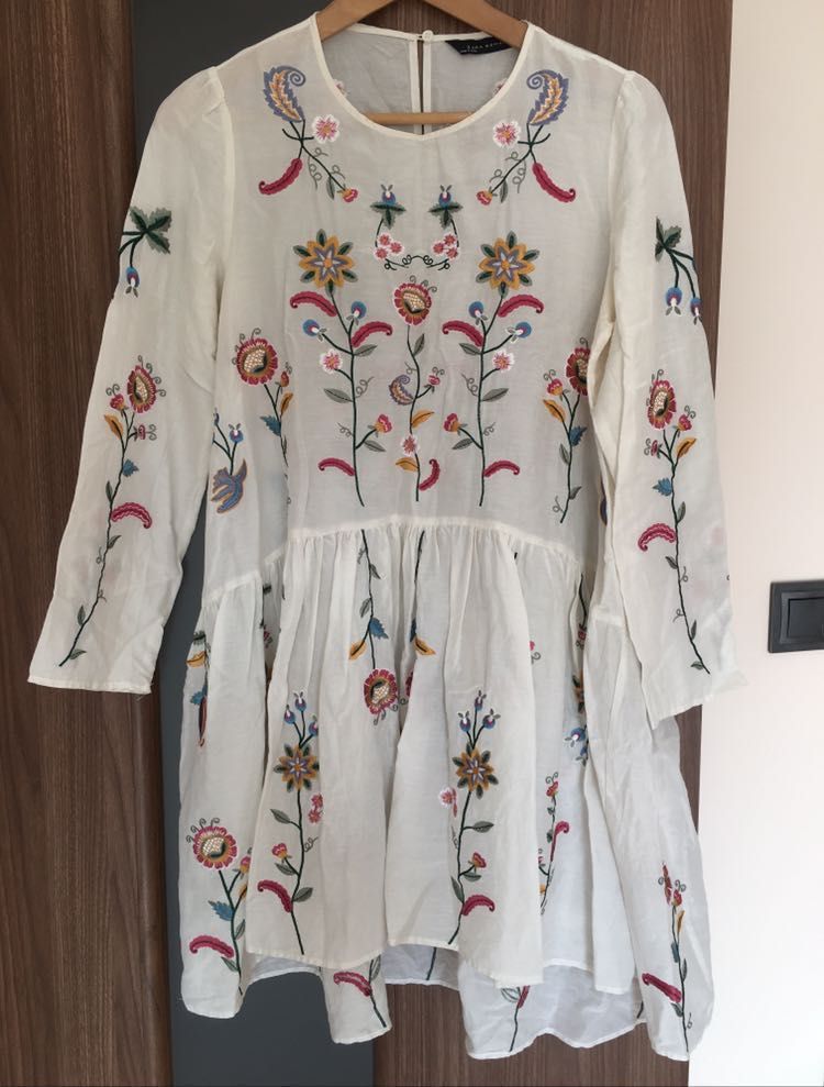 ZARA sukienka boho z kontrastowym haftem biała ecru S