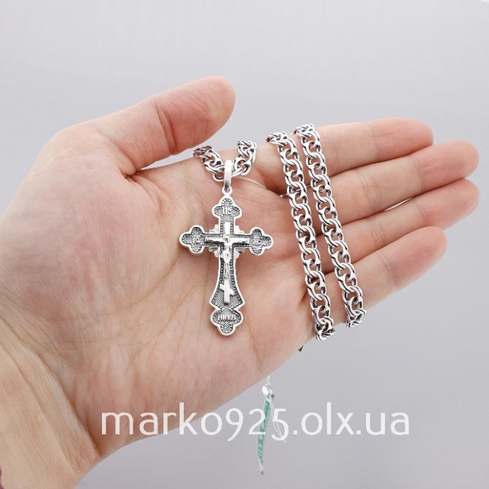 Чоловіча срібна цепочка з хрестиком ланцюжок Бісмарк 925 проба