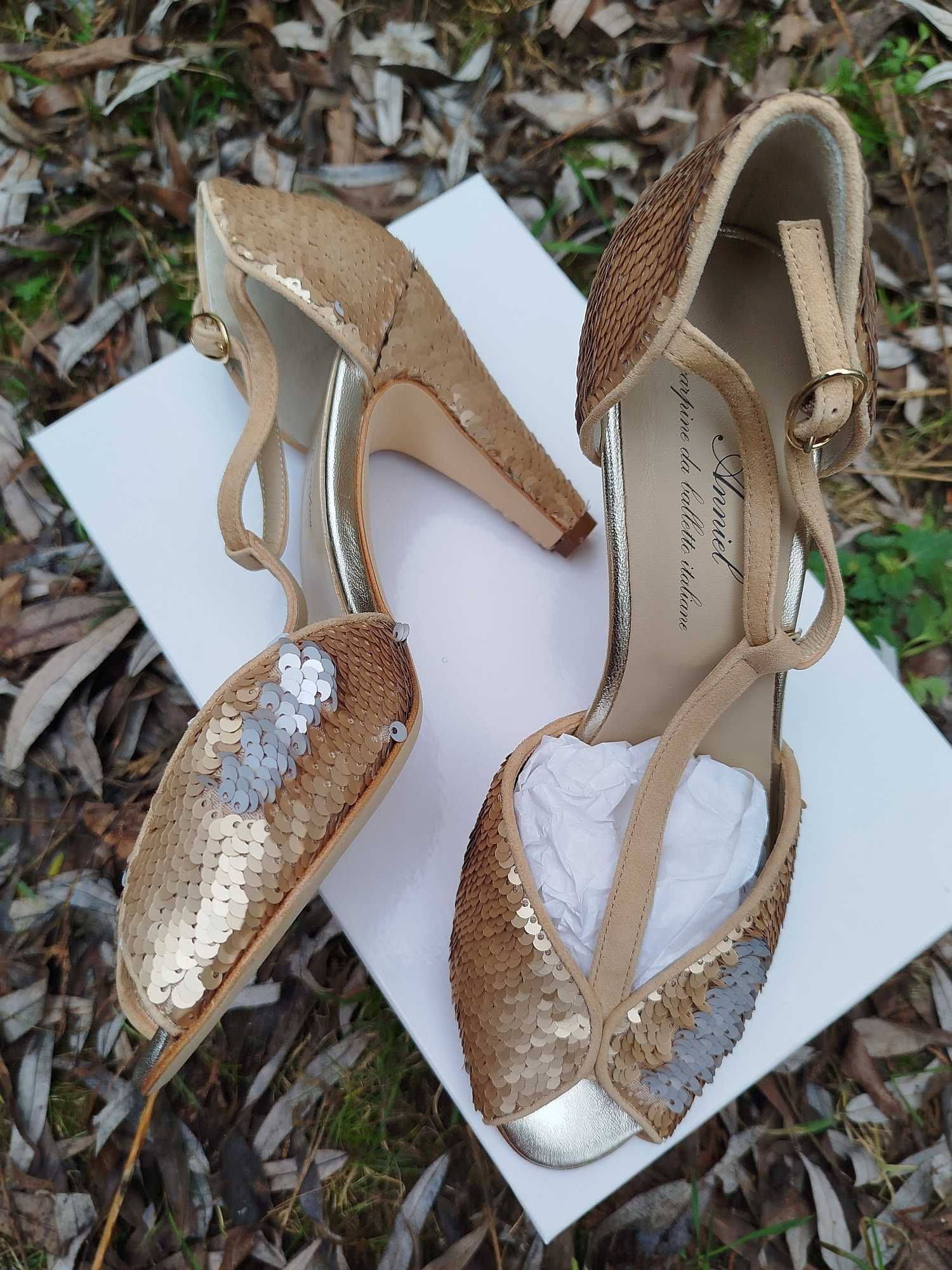 Anniel 38 nowe buty butterfly cekiny obcasy ślub wesele sylwester