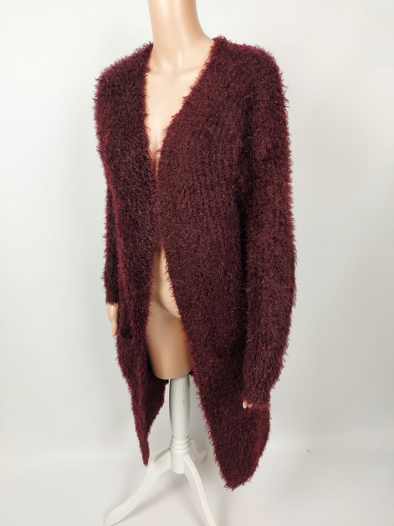 Nowy burgundowy długi kardigan sweter z kieszeniami włochaty B Young 3