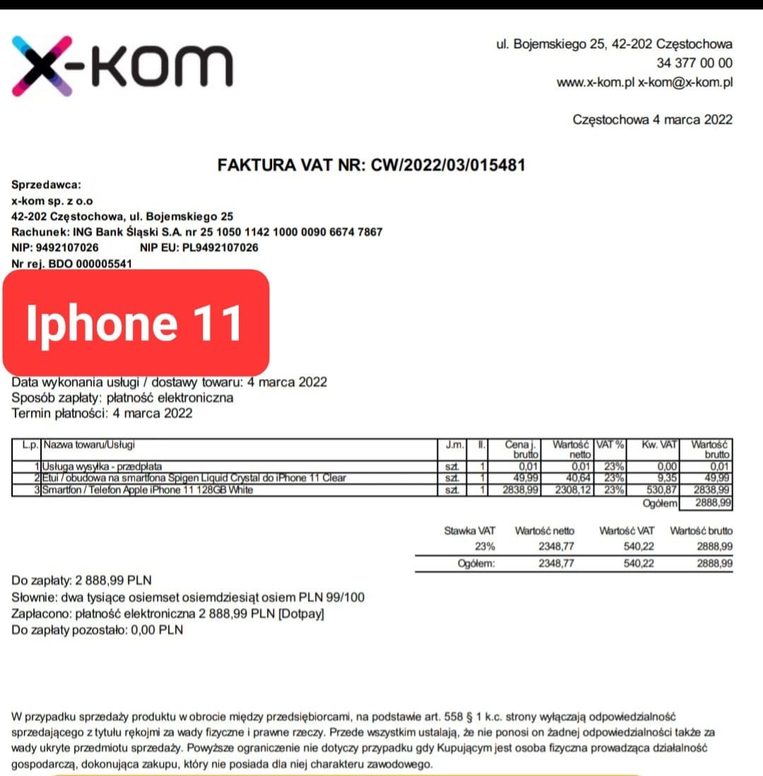 IPhone 11 128GB biały telefon na gwarancji dowód zakupu z X-KOM