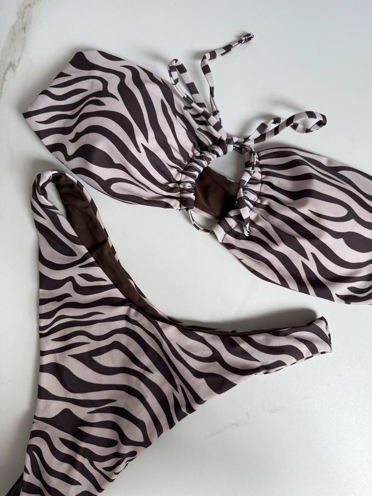 Brązowy strój kąpielowy bikini dwuczęściowy zeberka boho