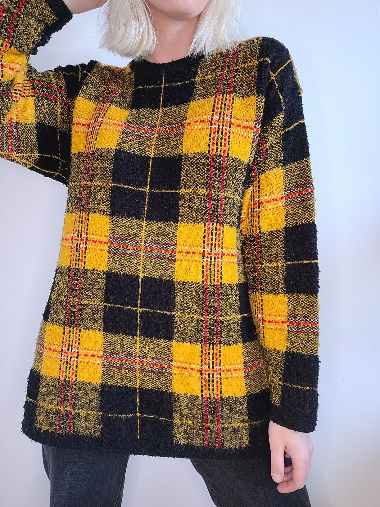 Oldschoolowy sweter w kratę oversize 70s 80s st Michael vintage
