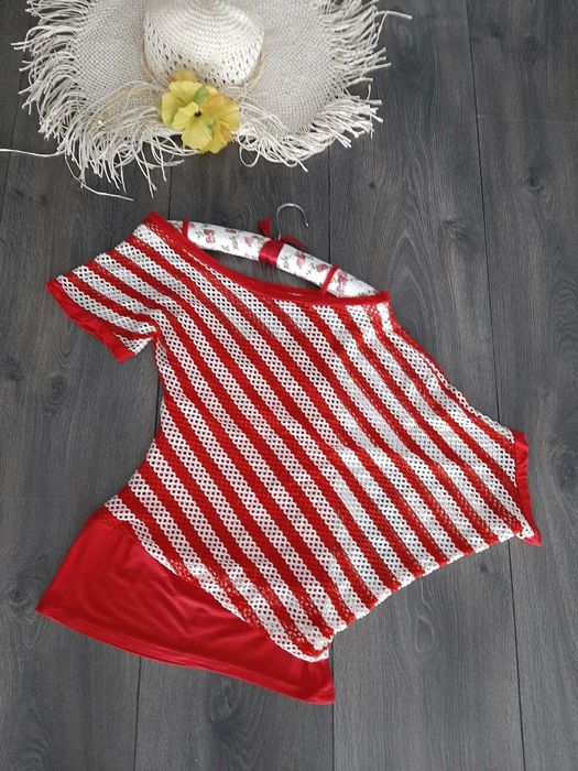 Bluzka asymetryczna siatka pasy paski ażurowy podwójna opadające ramię