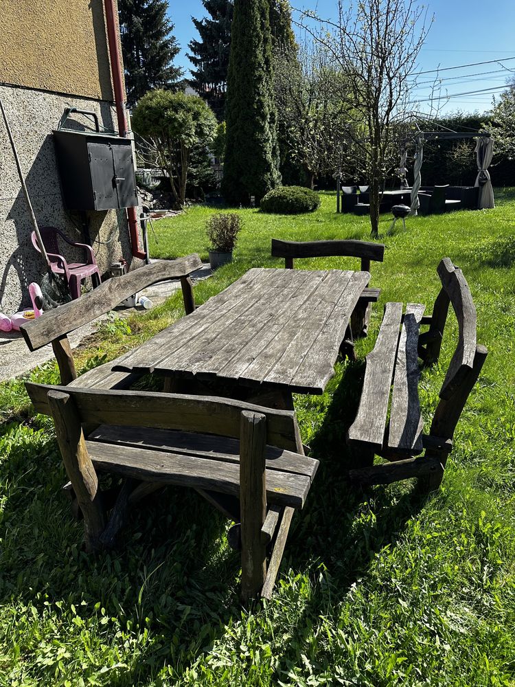 Zestaw meblowy ogrodowy drewniany solidny stół ławy ławki
