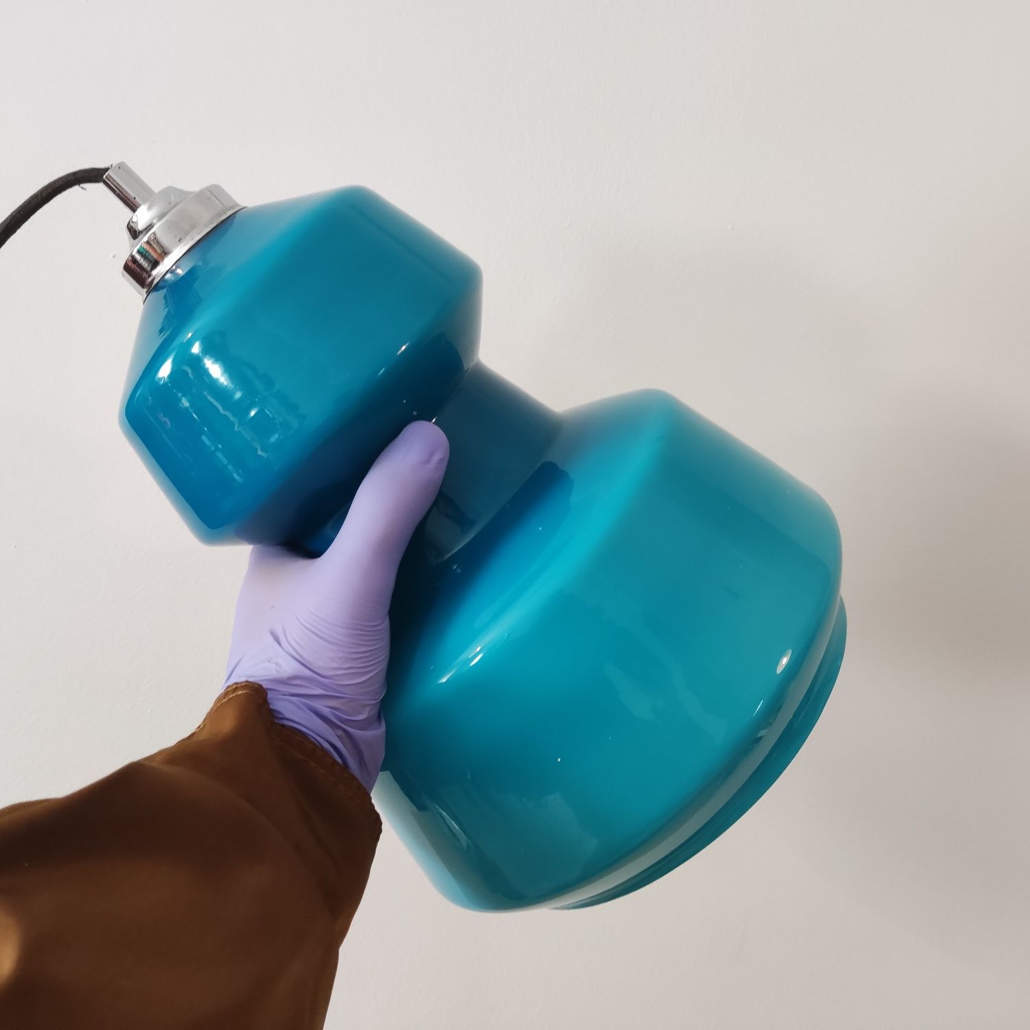 Candeeiro antigo de teto modernista em vidro, azul