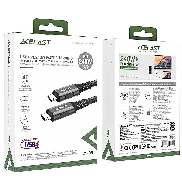 Kabel Acefast C1-09 USB-C / USB-C USB4 PD3.1/5A 1m - szaro-czarny