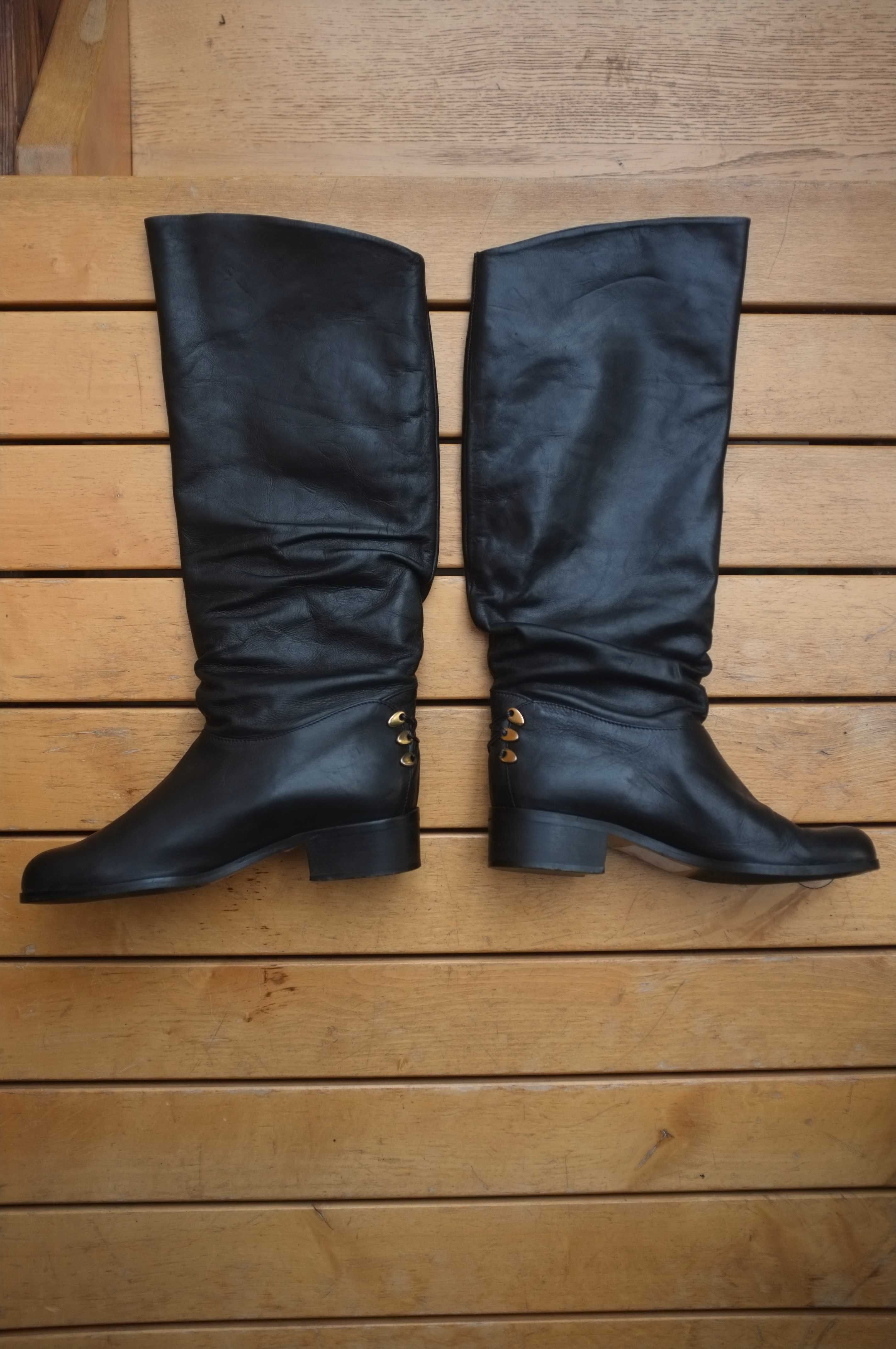 czarne kozaki szeroka cholewka Roland Cartier 80s vintage skórzane 39