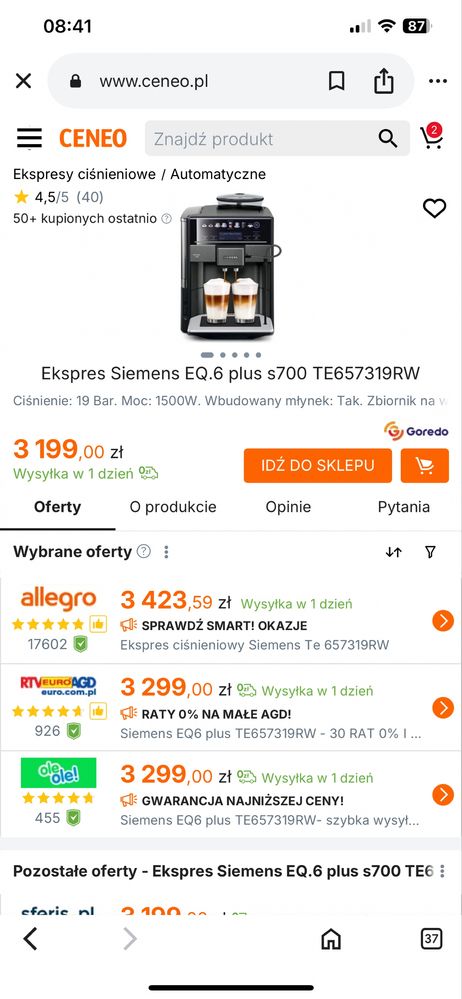 Siemens EQ6 plus seria 7 ,Dark inox , dotyk  , Podświetla filizankę