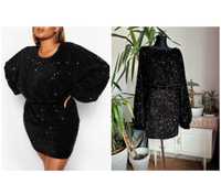 Boohoo cekinowa sukienka mini oversize  48 4 xl czarna aksamitna