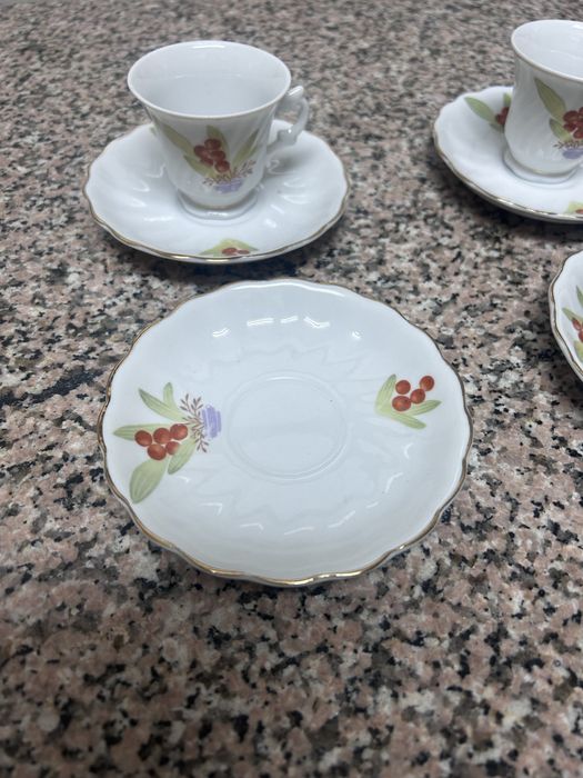 Conjunto 6 Chavenas com pires porcelana floral com bagas