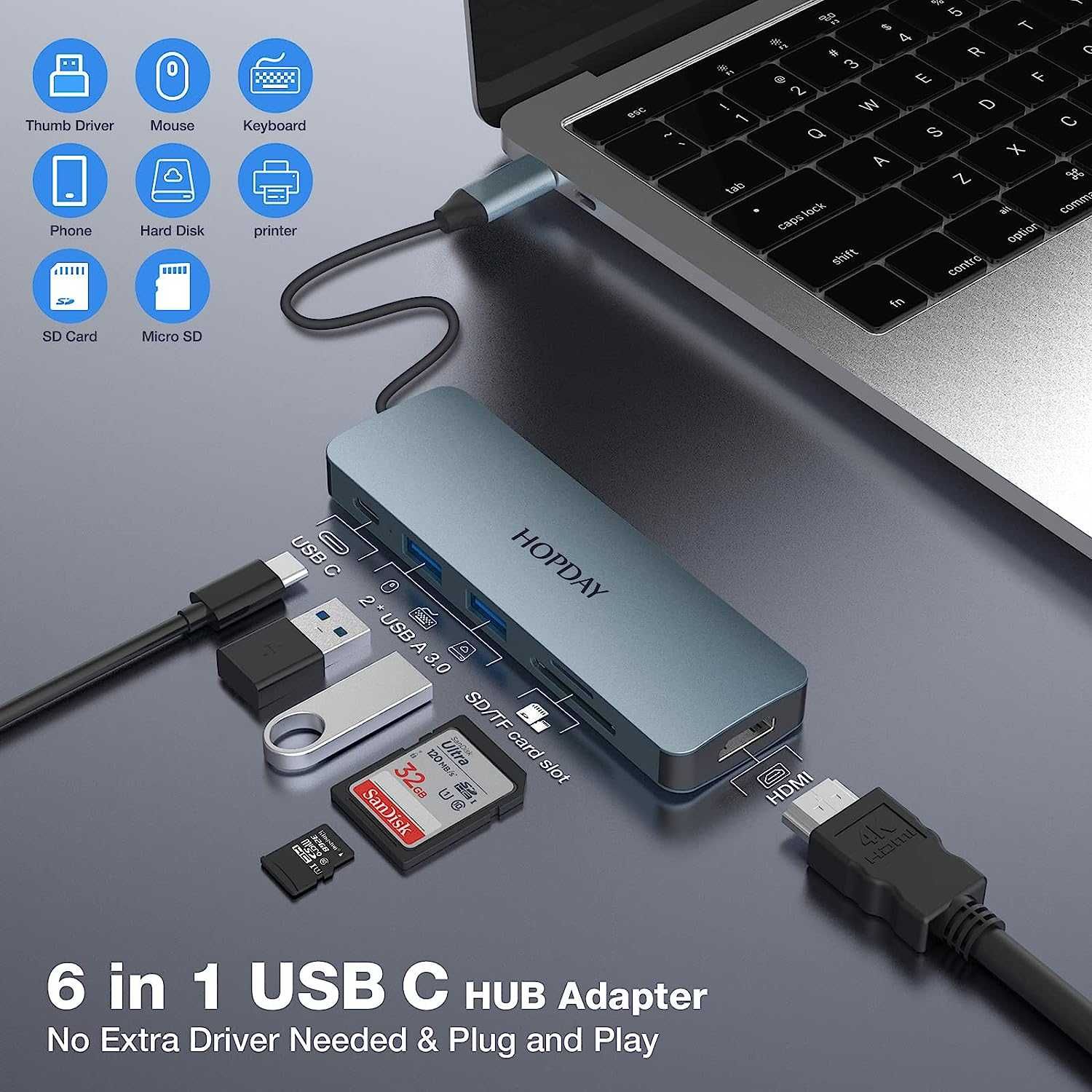 Adaptador USB C para MacBook Pro/Air iPad Pro e Windows