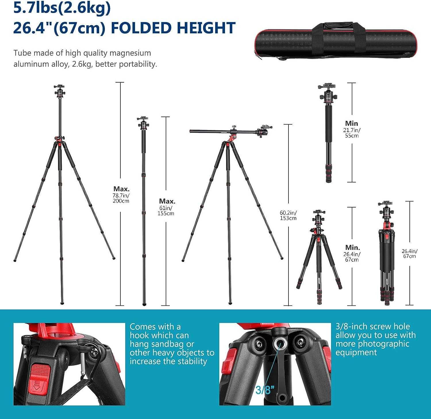 Tripé 200cm suporta até 15Kg adaptação monopé fotografia e vídeo
