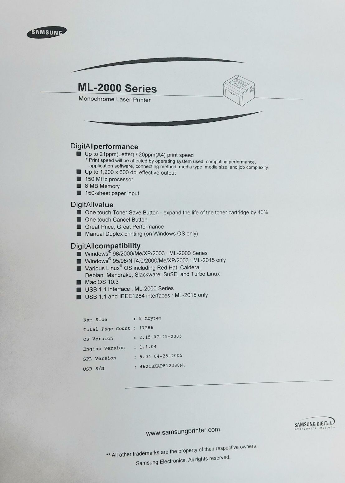 Drukarka laserowa Samsung ML-2010PR 17tyś stron