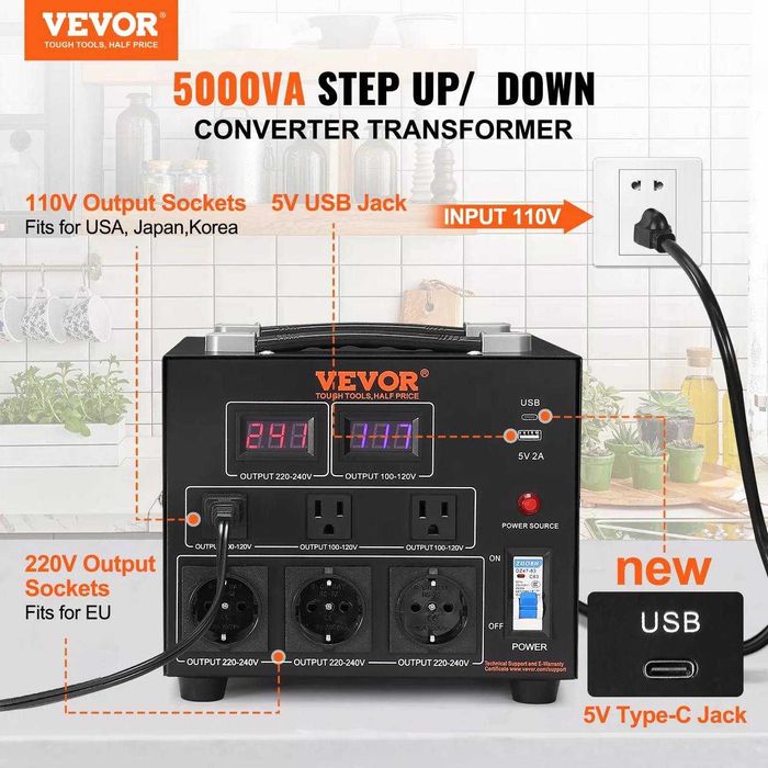 Перетворювач напруги Vevor 5000W 3000Вт 110V/220V