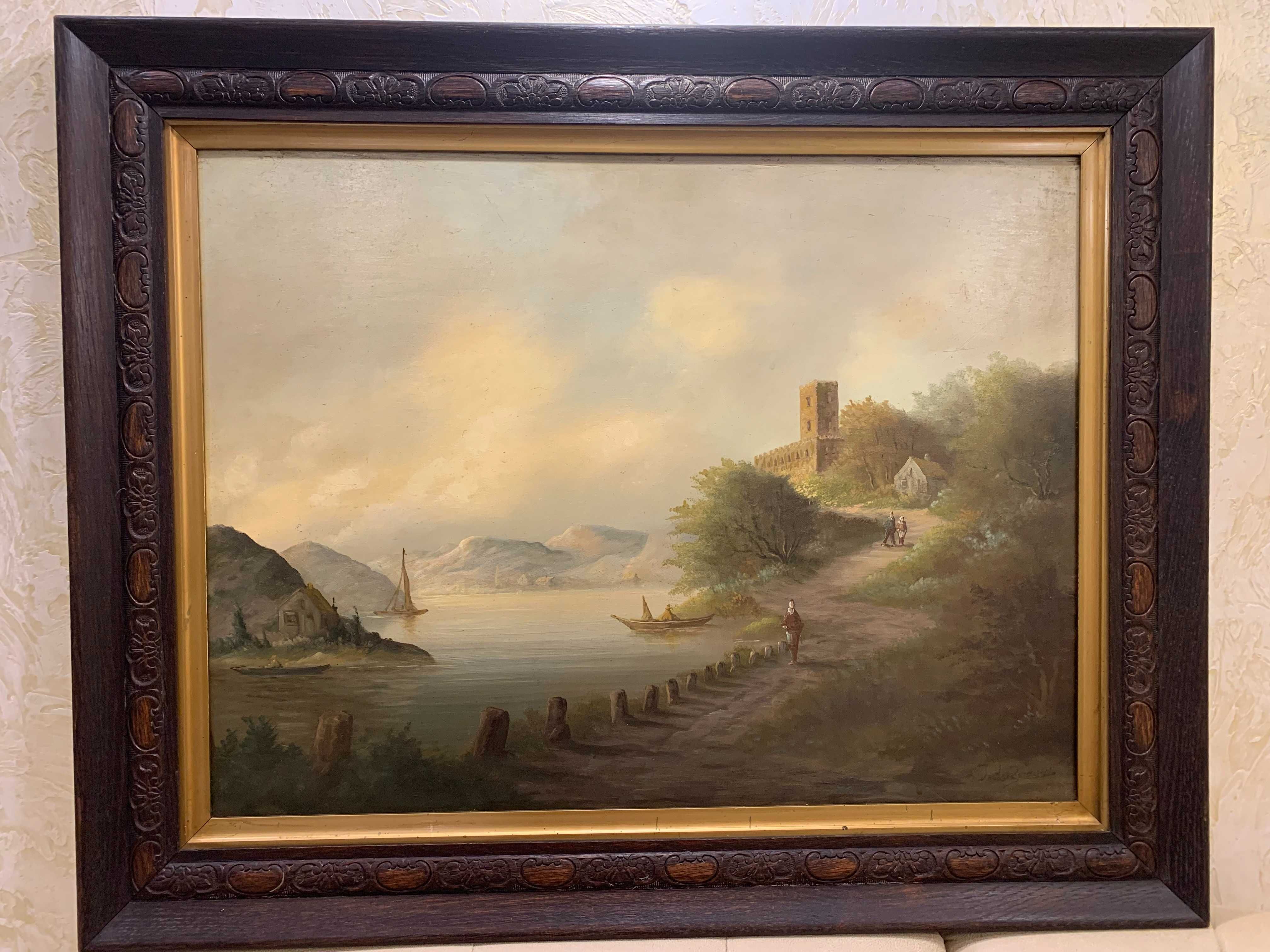 Картина старовинна "Дорога біля берега",олія на дошці.Розм.67*83,5см