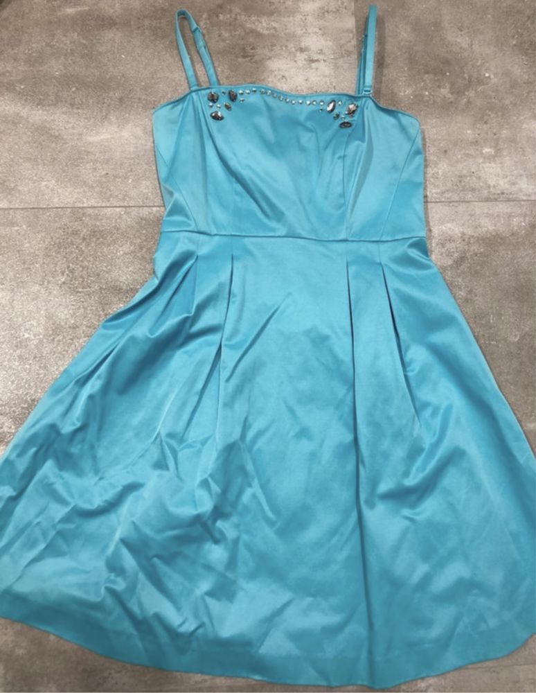 Nowa z metką Błękitna sukienka midi Orsay, z cekinami, r. 36