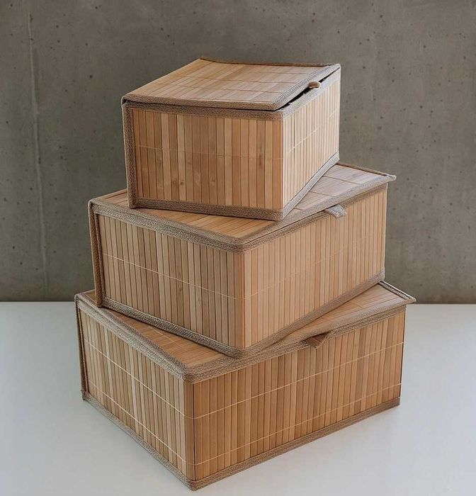 Zestaw Komplet Bambusowych Koszyków Do Przechowywania z Pokrywką