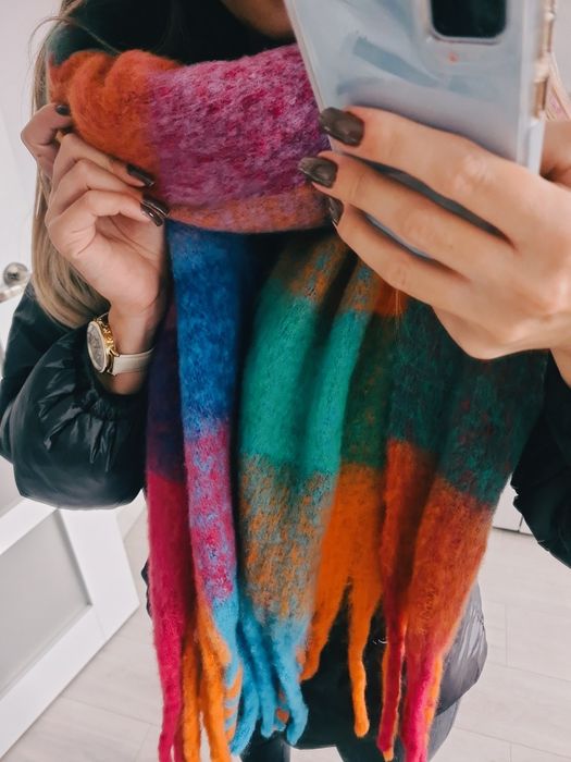 Piękny szal mega gruby miękki krata jesienny milutki zimowy kolorowy