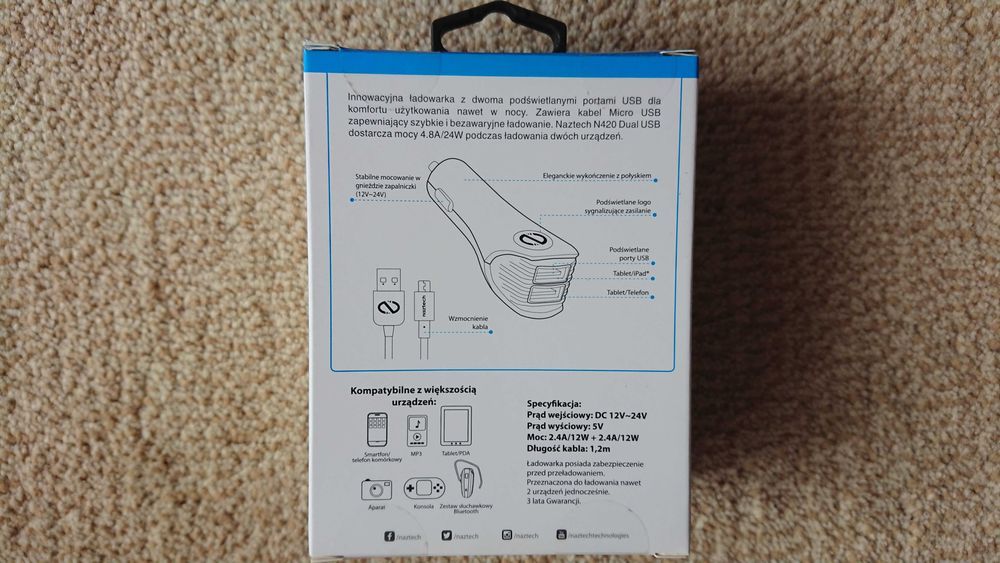 Ładowarka Naztech N420 Dual USB Car Charger kabel 2xMicro USB 4.8A/24W