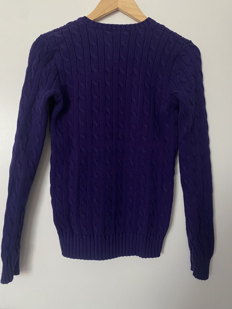 Sweter damski w serek warkocz Ralph Lauren fioletowy s m