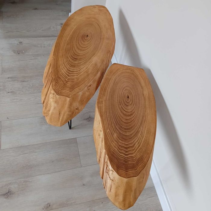 stoliki kawowe z plastra drewna jesionowego, stalowe nóżki