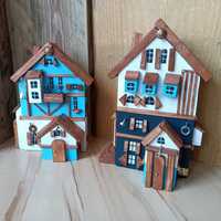 Domki drewniane niebieskie kamieniczki na półkę hand made