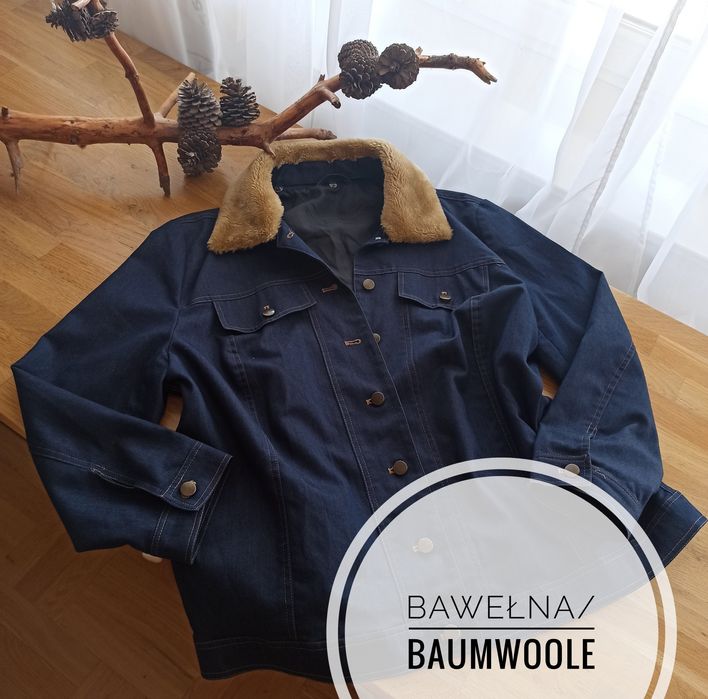 Granatowa katana jeansowa z futrzanym kołnierzem, r48,bawełna, vintag