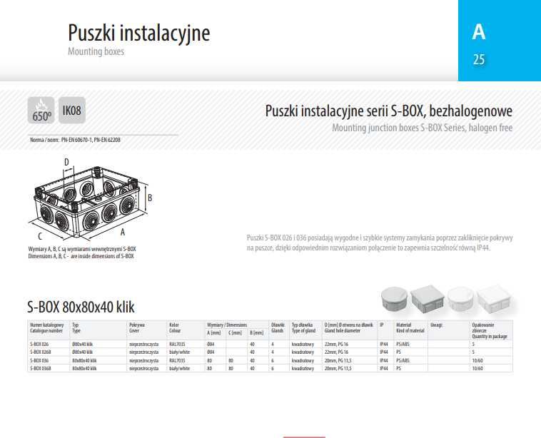 Puszka natynkowa 80x80x40 klik 6 dławików IP44 S-BOX 036 PAWBOL