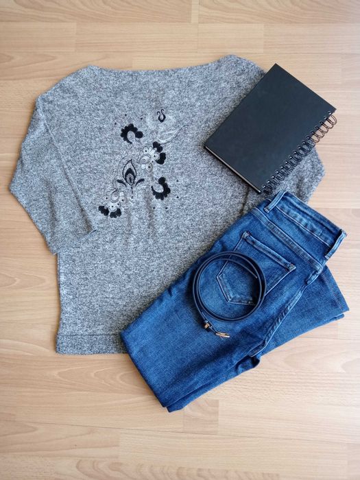 Sweter RESERVED rozmiar 36 S szary haft łódka nietoperz 152 cm 12 lat