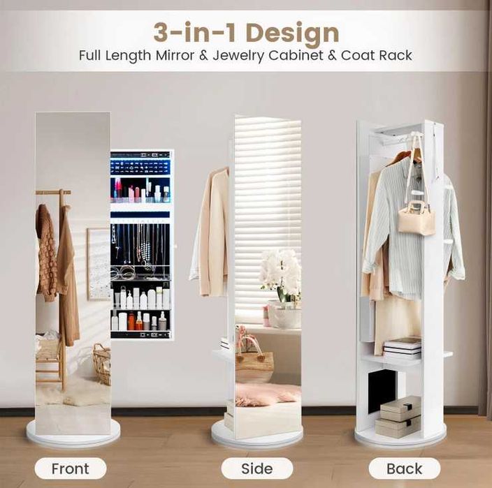 Toaletka Szafka na Biżuterię Obrotowa z Lustrem i Podświetleniem LED