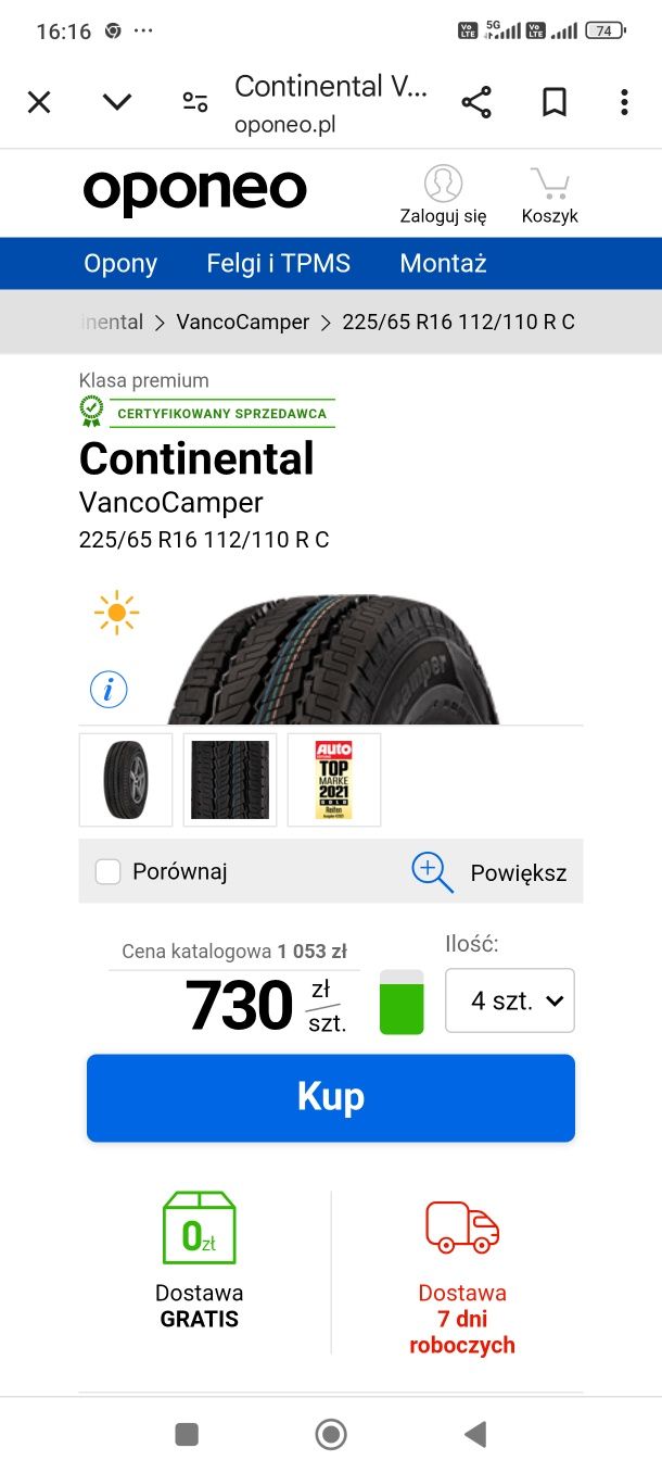 continental vanco camper 225/65/16 Cp wzmacniane do busa kampera 4sztu