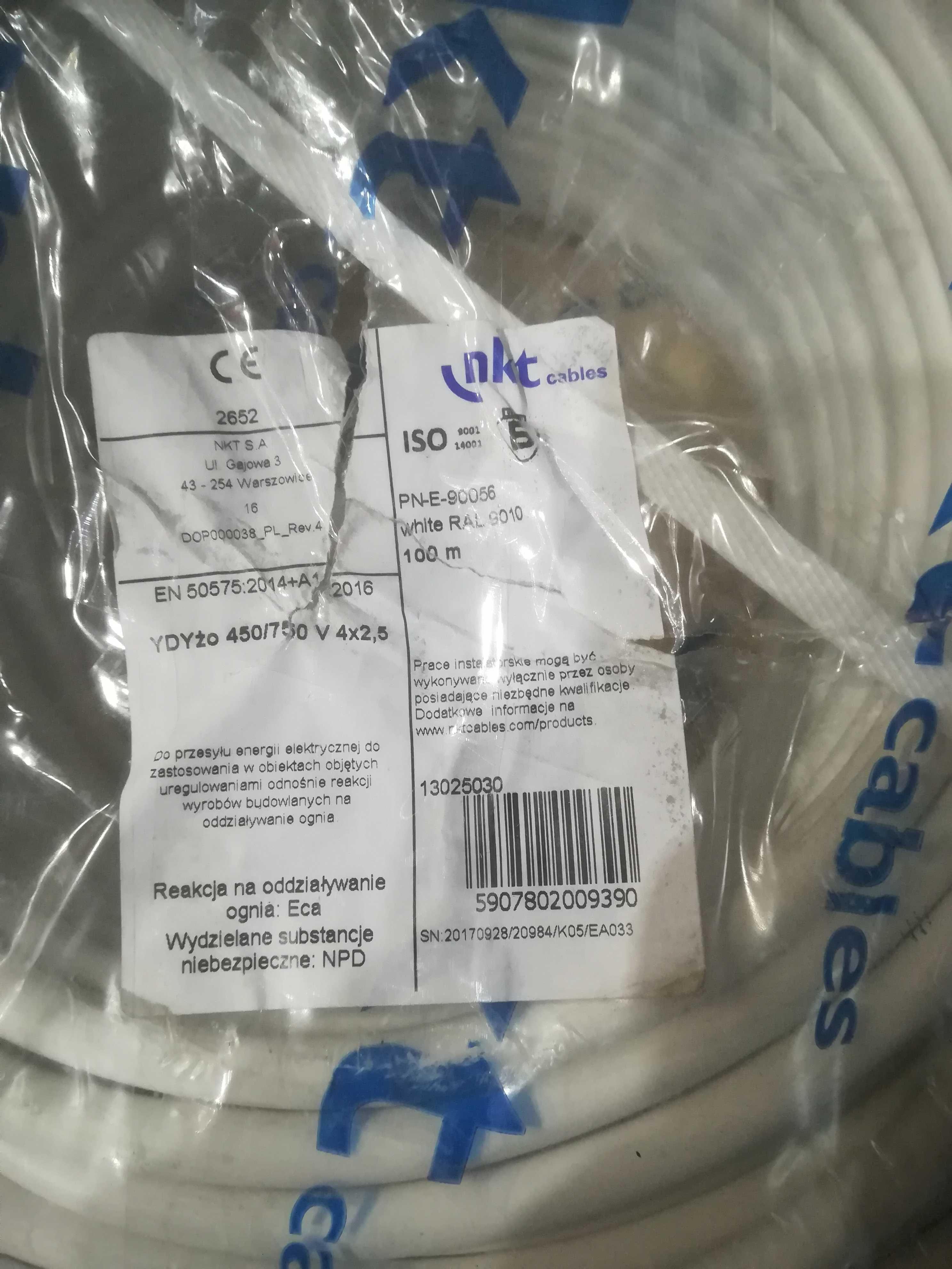 kabel Przewód nkt YDYżo 4x2,5 pżo biały /100m/ firmy NKT