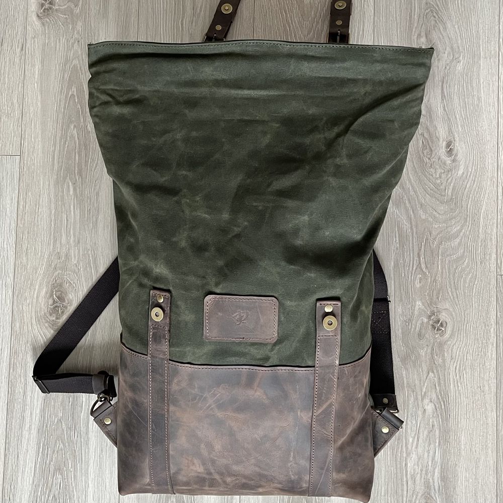 Plecak ze skóry i bawełny zielono-brązowy.Vintage.