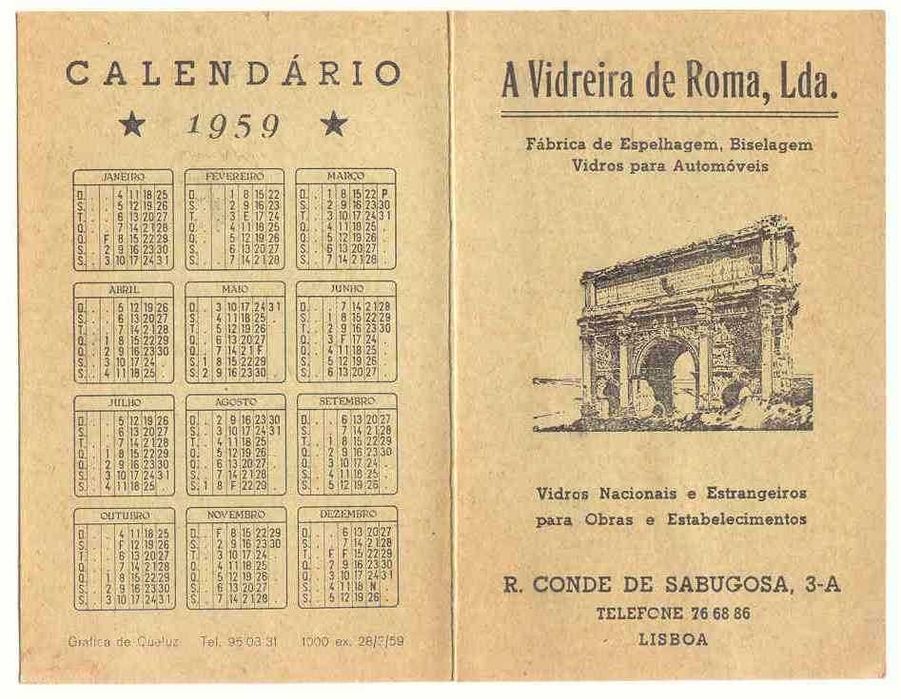 Calendário de 1959  A Vidreira de Roma