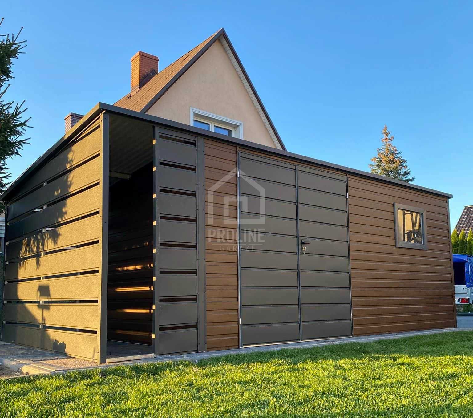 Schowek domek ogrodowy 6x3 + wiata 1m brama okno dach spad tył PLG106
