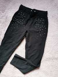 Spodnie legginsy czarne z perełkami wysoki stan M L vintage boho