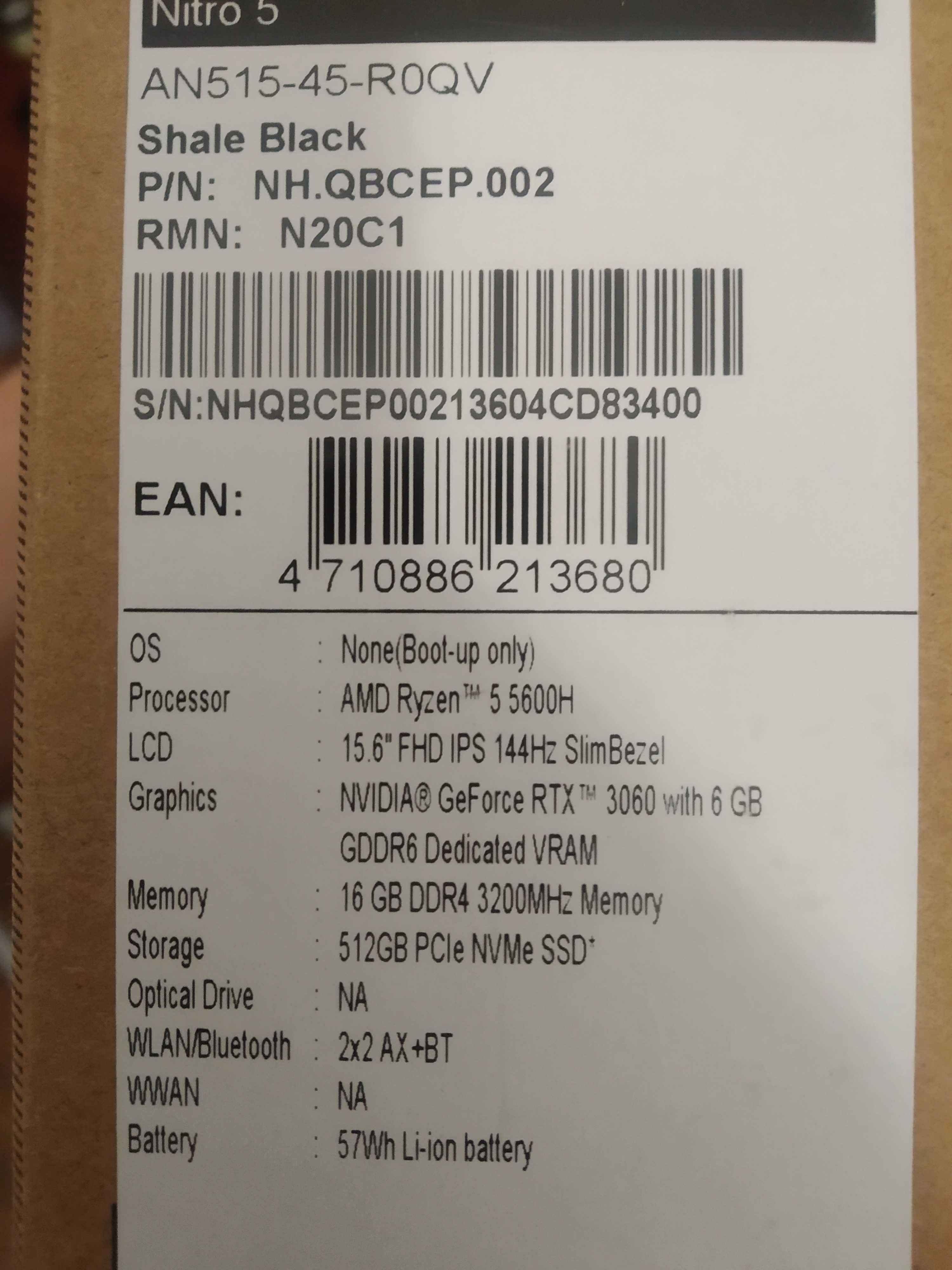 Acer Nitro 5  R5 5600H 16GB RAM 512GB, SSD, RTX3060