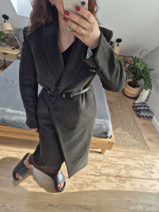 Kopertówka płaszcz wełniany z paskiem Zara khaki r. XS S wełna