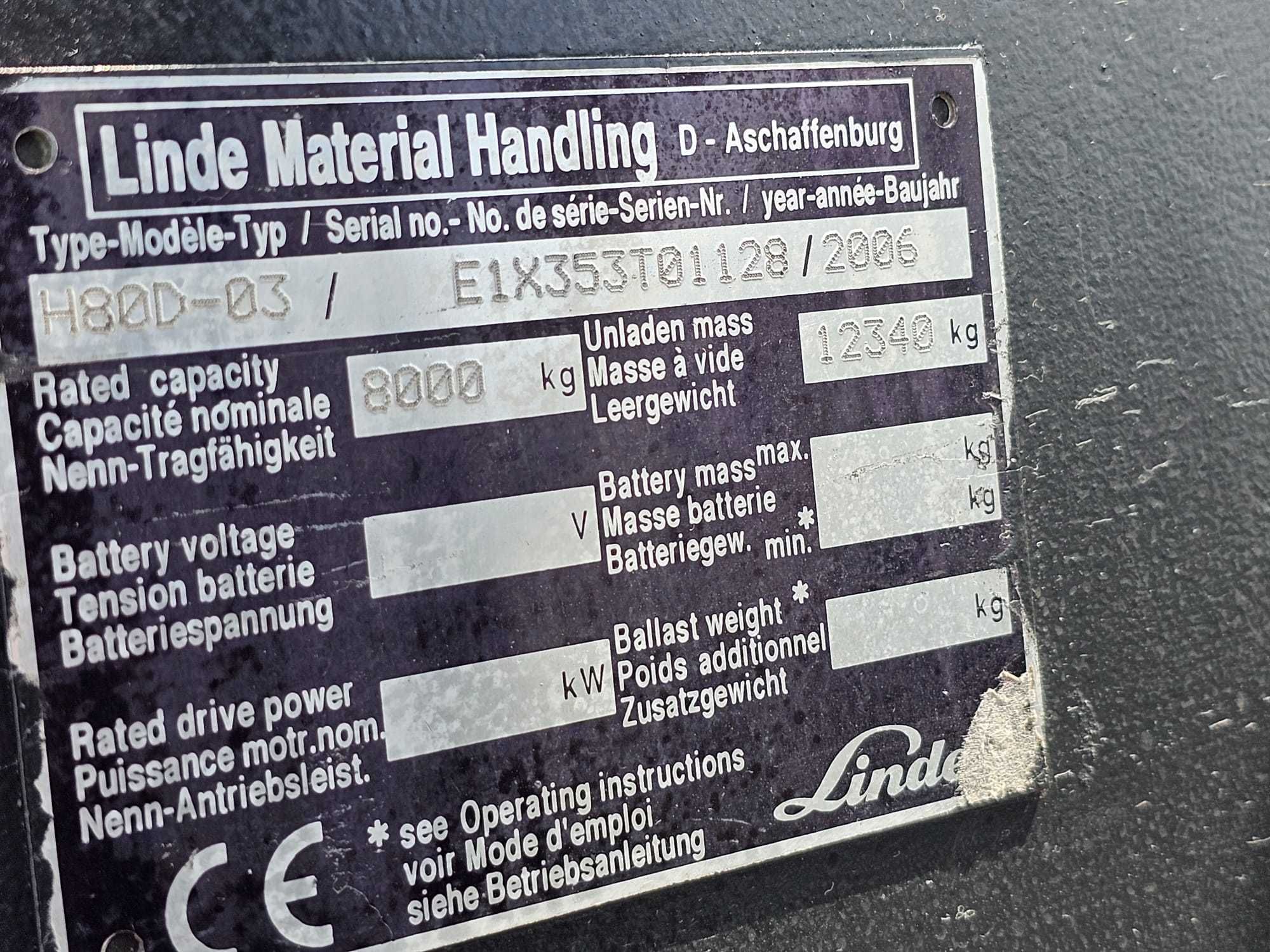 Wózek widłowy Linde H80D-03 DIESEL 2006r. Kabina