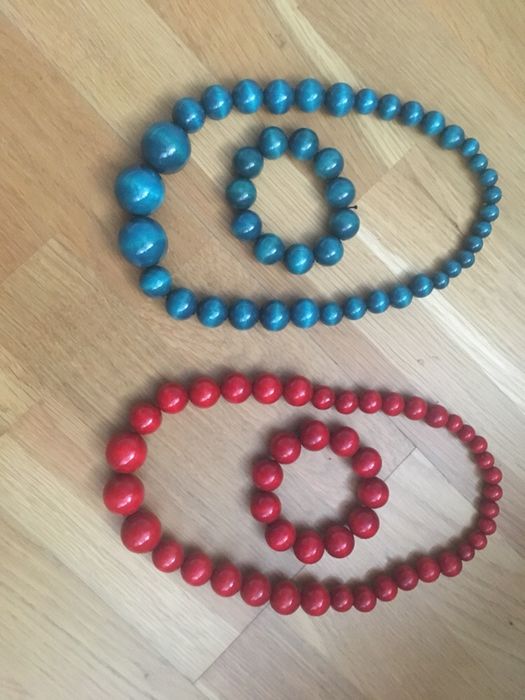 Zestaw korale i bransoletka drewniane góralskie kolor morski