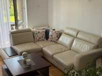 Sofa Naroznik 3-osobowy Skórzany Beżowy Jasny + Pufa