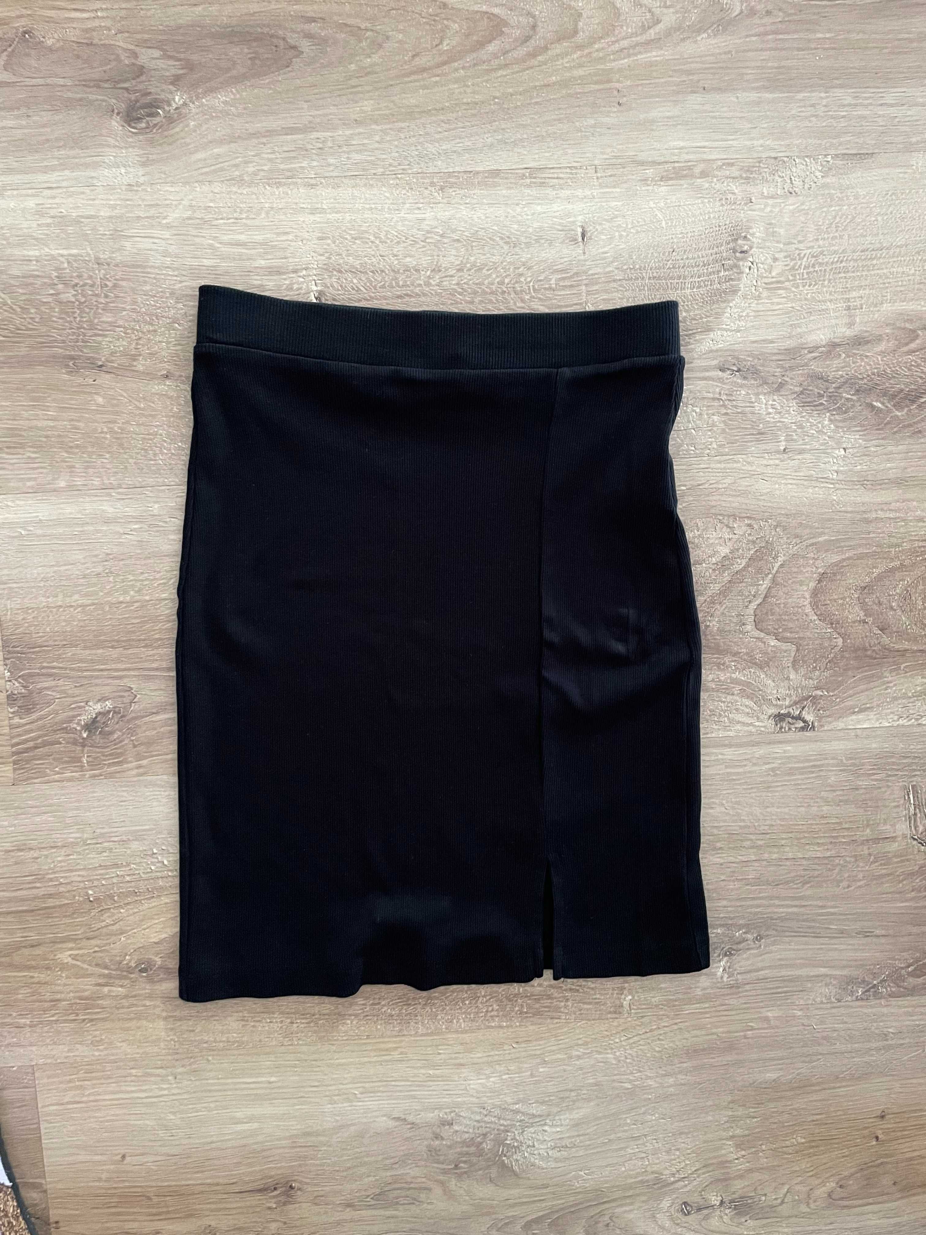 Czarna prążkowana spódnica spódniczka z rozcięciem biały crop top XS