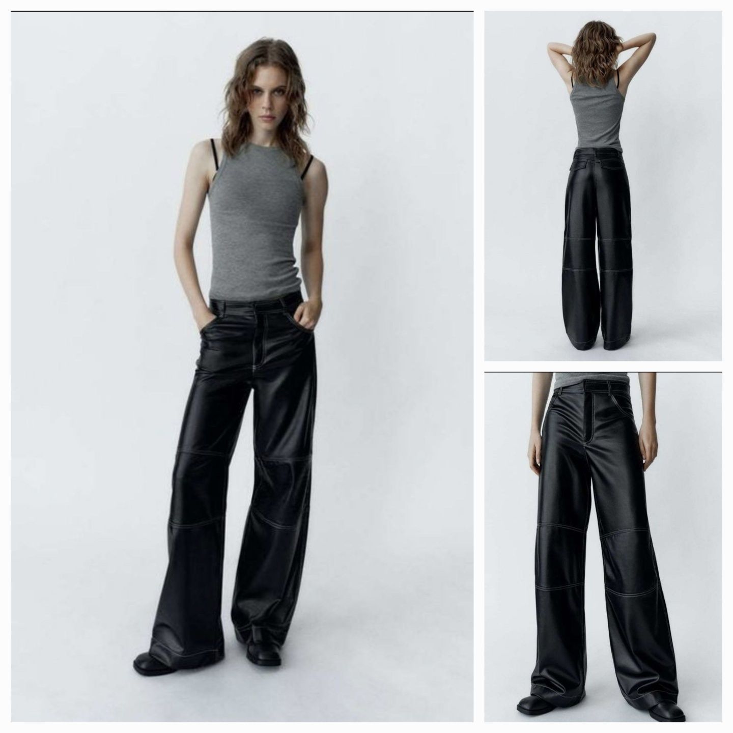 ZARA original трендові брюки штани з екошкіри з контрастною відстрочко